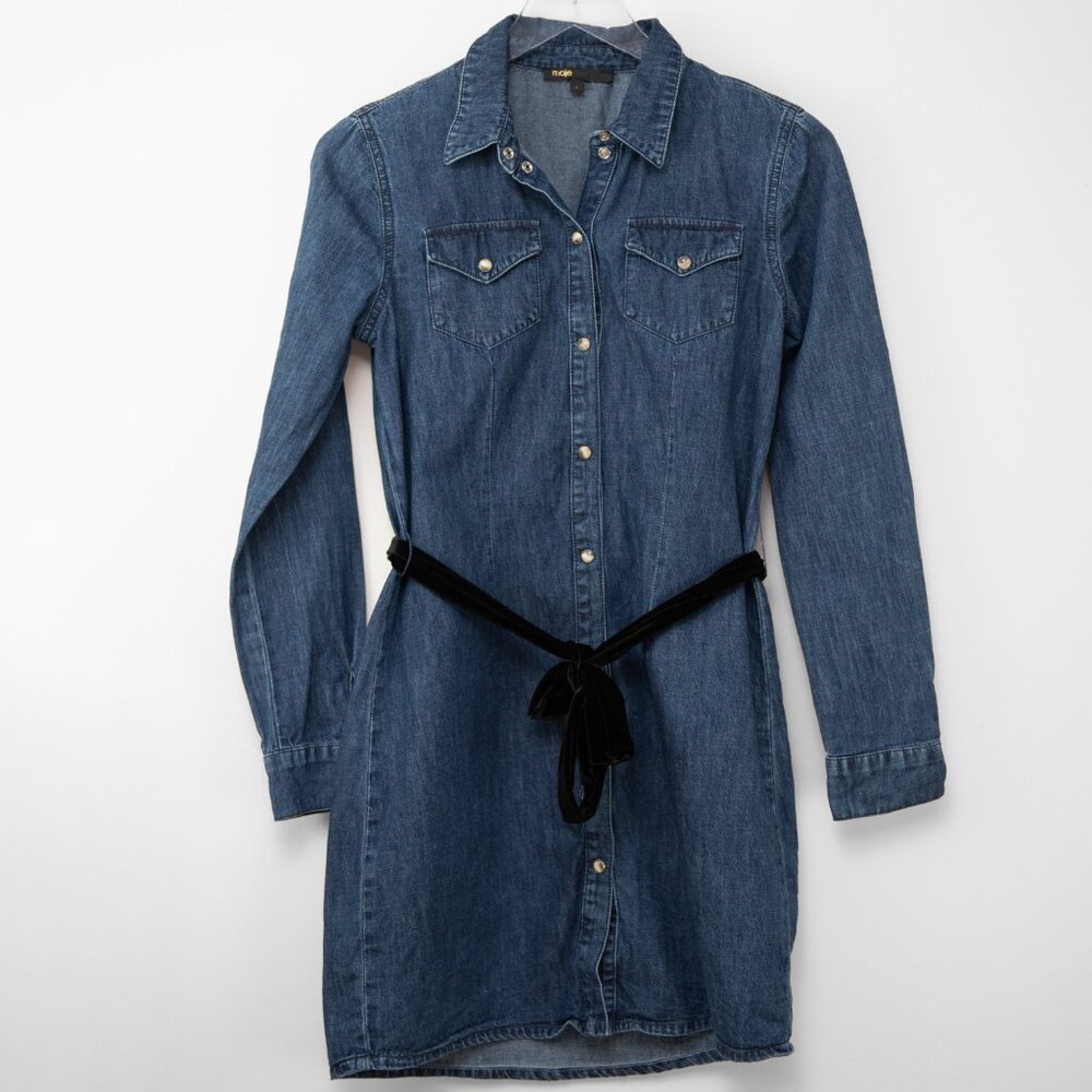 Maje Ralexa Denim Shirt Dress Velvet Belt Snap Front Blue Size 1 Small - Picture 3 of 9